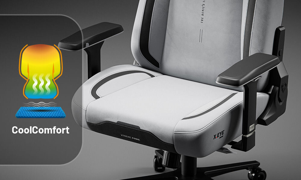 Fotel DIABLO CHAIRS X-Eye 2.0 Szary prezentacja fotela od przodu na szarym tle zbliżenie na dolną część fotela warstwa chłodząca CoolComfort™ wspomaga cyrkulację powietrza zapobiega przegrzewaniu