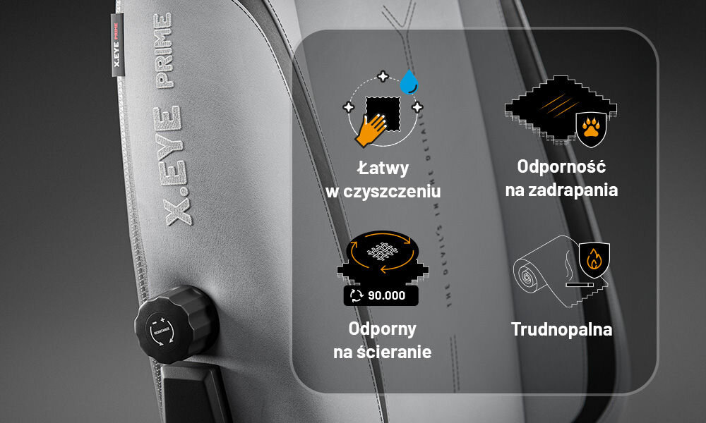 Fotel DIABLO CHAIRS X-Eye 2.0 Szary prezentacja zalet tkaniny na tle fotela materiał GentlePro™ wysoka odporność na ścieranie 90000 cykli w teście Martindale’a przyjemny w dotyku oddychający