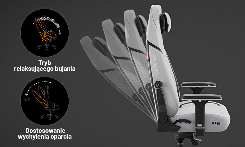 Fotel DIABLO CHAIRS X-Eye 2.0 Szary prezentacja możliwej regulacji fotela na szarym tle Tilttech™ Lift dopasowanie wysokości siedziska Tilttech™ Gear regulacja oparcia z możliwością zatrzymania w dowolnym punkcie do kąta 170 stopni funkcja bujania Tilttech™ Swing blokada oparta na systemie Tilttech™ Frog komfortowe użytkowanie