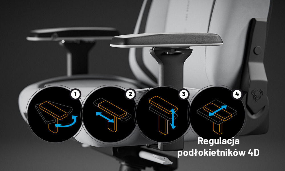 Fotel DIABLO CHAIRS X-Eye 2.0 Szary prezentacja podłokietników i jego możliwej regulacji Armtech™ Quatro Premium regulacja w czterech kierunkach odciążenie ramion i nadgarstków miękkie tworzywo SoftTouch solidna metalowa podstawa