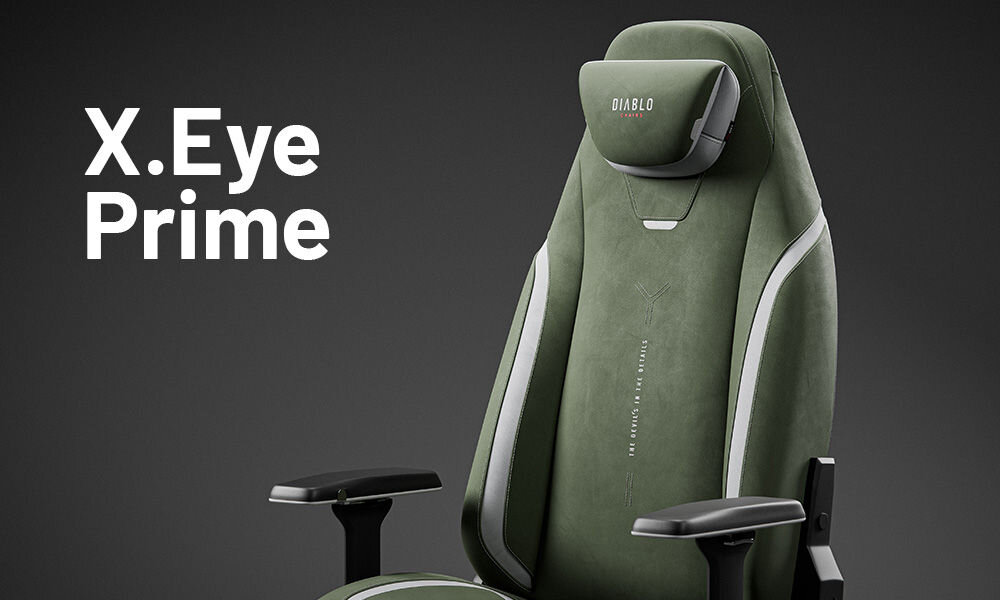 Fotel DIABLO CHAIRS X-Eye 2.0 Zielony prezentacja fotela na szarym tle z dopisem modelu podnosi komfort technologie premium wygoda funkcjonalność Xtreme Prime
