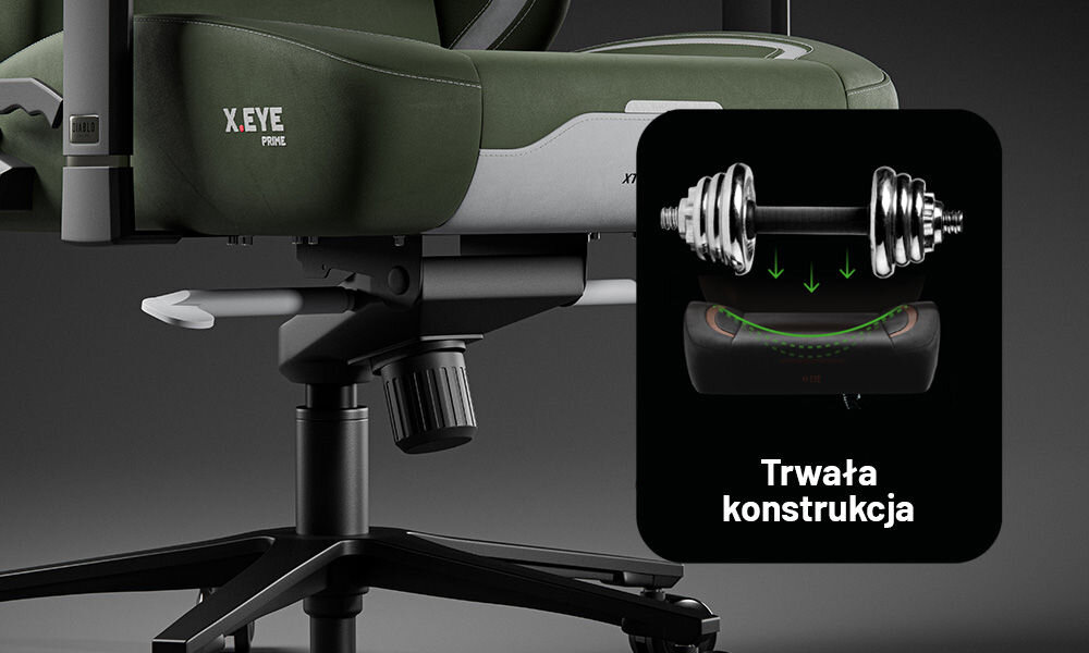 Fotel DIABLO CHAIRS X-Eye 2.0 Zielony zbliżenie na dolną część fotela dopisek trwała konstrukcja szare tło dopracowana konstrukcja