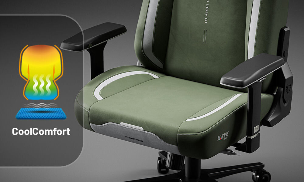 Fotel DIABLO CHAIRS X-Eye 2.0 Zielony prezentacja fotela od przodu na szarym tle zbliżenie na dolną część fotela warstwa chłodząca CoolComfort™ wspomaga cyrkulację powietrza zapobiega przegrzewaniu