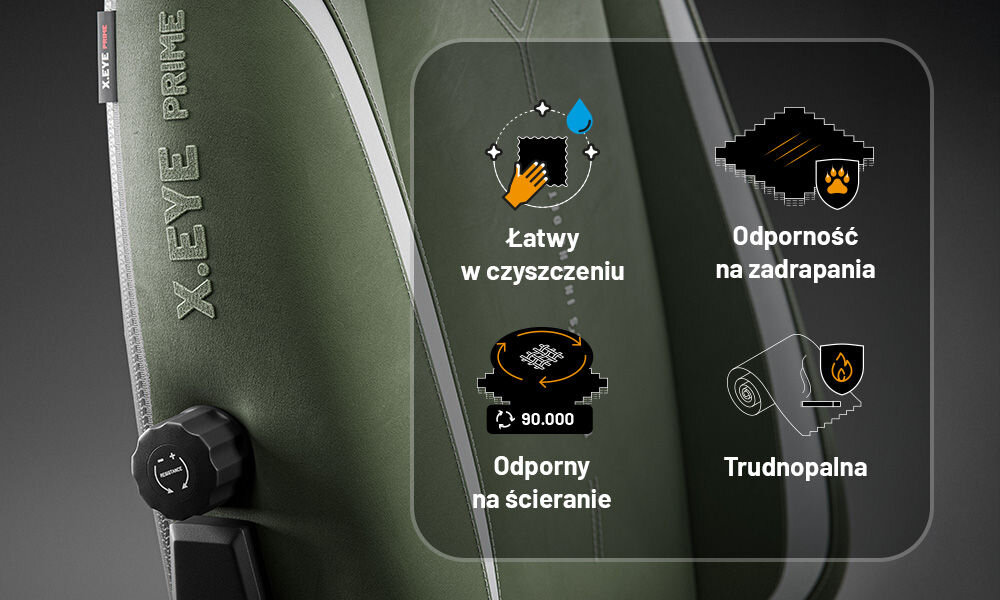 Fotel DIABLO CHAIRS X-Eye 2.0 Zielony prezentacja zalet tkaniny na tle fotela materiał GentlePro™ wysoka odporność na ścieranie 90000 cykli w teście Martindale’a przyjemny w dotyku oddychający