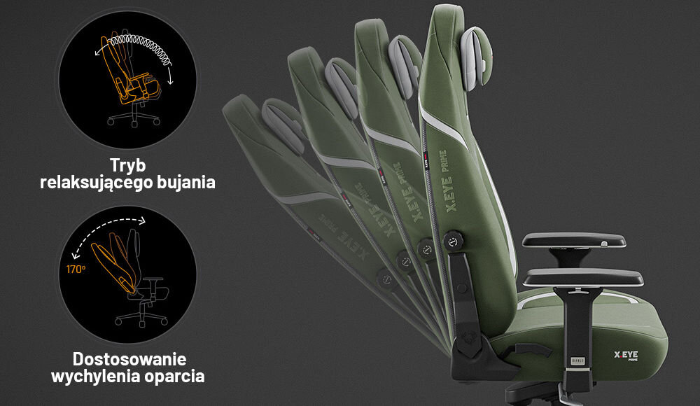 Fotel DIABLO CHAIRS X-Eye 2.0 Zielony prezentacja możliwej regulacji fotela na szarym tle Tilttech™ Lift dopasowanie wysokości siedziska Tilttech™ Gear regulacja oparcia z możliwością zatrzymania w dowolnym punkcie do kąta 170 stopni funkcja bujania Tilttech™ Swing blokada oparta na systemie Tilttech™ Frog komfortowe użytkowanie