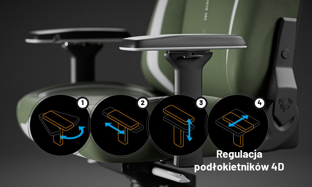 Fotel DIABLO CHAIRS X-Eye 2.0 Zielony prezentacja podłokietników i jego możliwej regulacji Armtech™ Quatro Premium regulacja w czterech kierunkach odciążenie ramion i nadgarstków miękkie tworzywo SoftTouch solidna metalowa podstawa