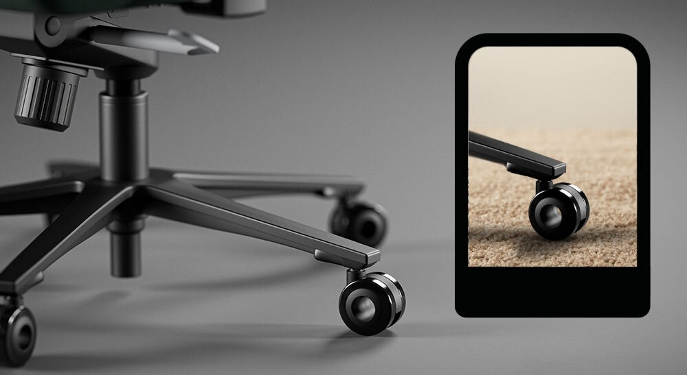 Fotel DIABLO CHAIRS X-Eye 2.0 Zielony zblżenie na siłownik i kółka na szarym tle metalowa baza siłownik klasy 4 udźwig do 140 kg kółka wykończone warstwą kauczuku ochrona podłogi