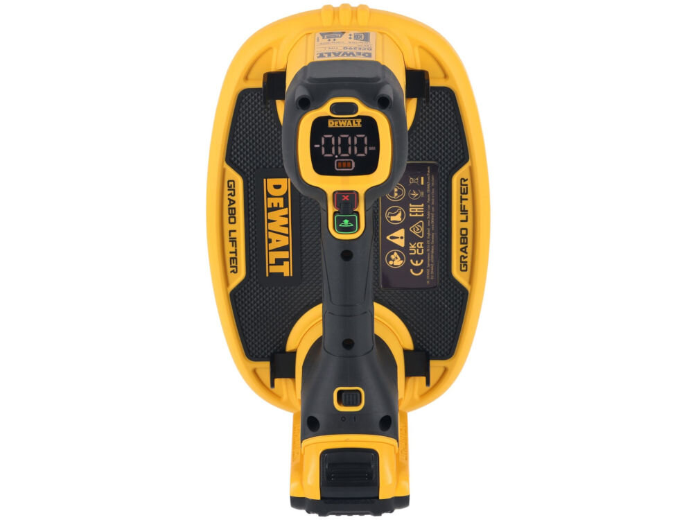 Podnośnik próżniowy DEWALT Grabo DCE590N-XJ, ekran, wyświetlacz, ciśnienie, bateria, Panel sterowania z wyświetlaczem chwytaka próżniowego.