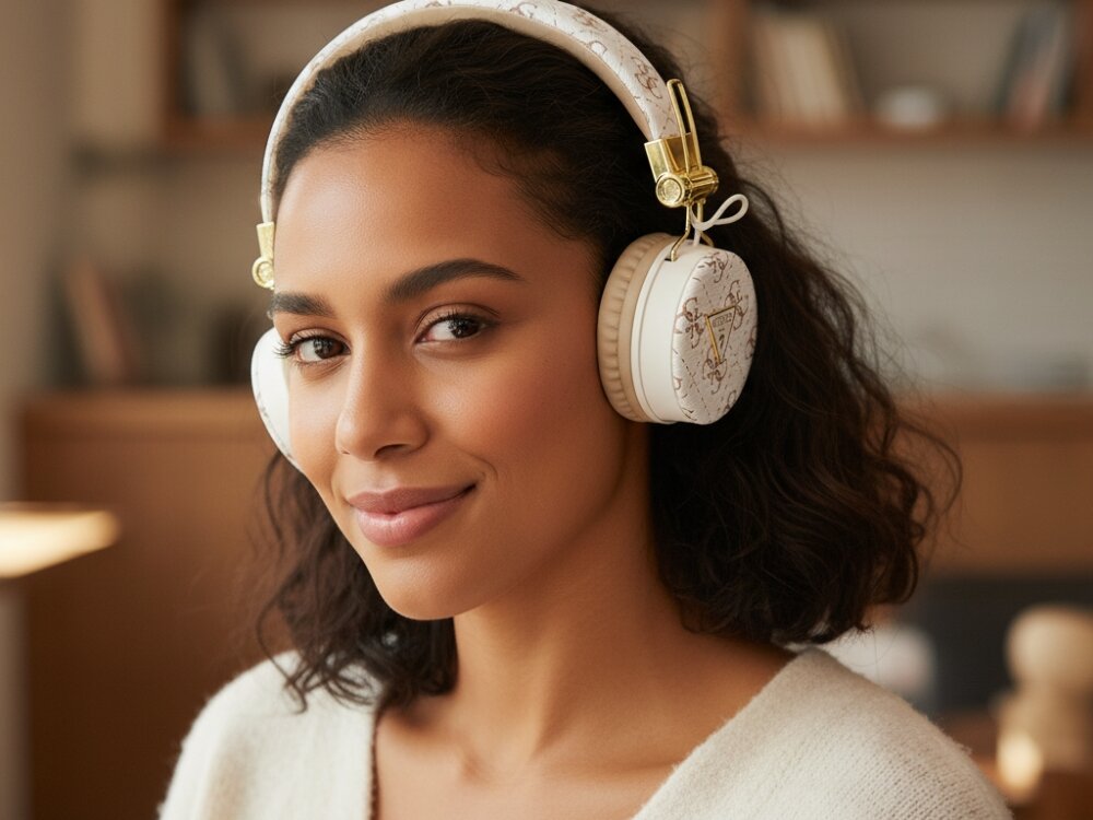 Słuchawki nauszne GUESS GUBH70E4PTMH
			kobieta ze słuchawkami na uszach