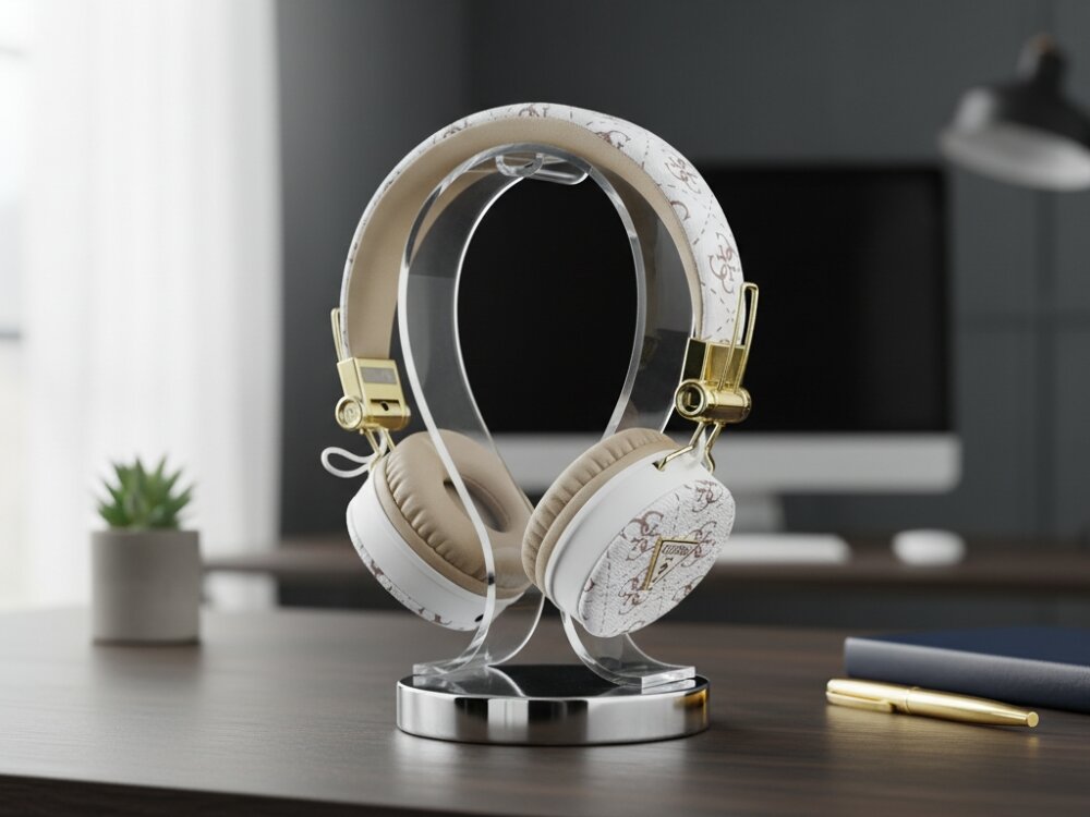 Słuchawki nauszne GUESS GUBH70E4PTMH
			słuchawki na stojaku na biurku miękkie poduszki regulowany pałąk technologia bluetooth 5.3 wbudowany mikrofon voice assistant hands-free calling