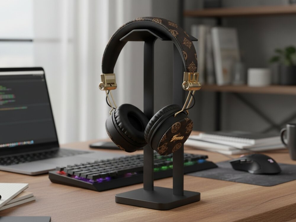 Słuchawki nauszne GUESS GUBH70EPOSMK
			słuchawki na stojaku na biurku miękkie poduszki regulowany pałąk technologia bluetooth 5.3 wbudowany mikrofon voice assistant hands-free calling