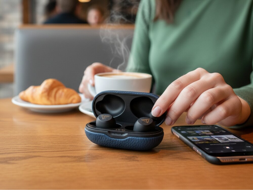 Słuchawki dokanałowe GUESS GUTWSPGTSPSB
			etui słuchawek na stole