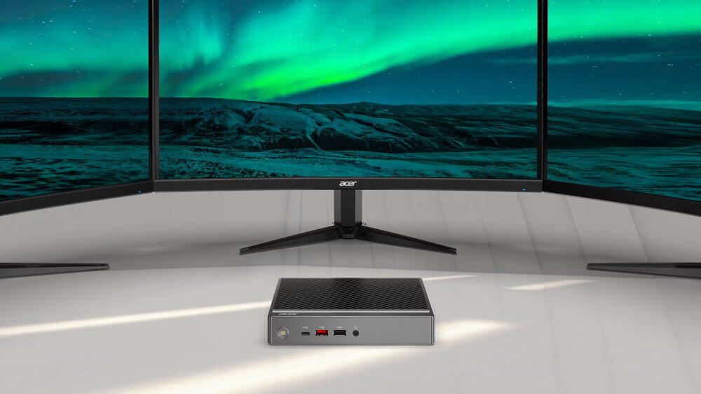 Komputer ACER Revo Box RB610 Celeron 7305 8GB RAM 128GB SSD Wi-Fi możliwość podłączenia trzech monitorów jednocześnie HDMI DisplayPort USB-C funkcja zdalnego uruchamiania komputera