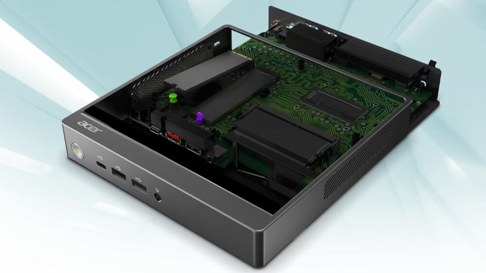 Komputer ACER Revo Box RB610 Celeron 7305 8GB RAM 128GB SSD Wi-Fi dwa bezśrubowe gniazda M.2 PCIe możliwość błyskawicznego zwiększenia przestrzeni na dane