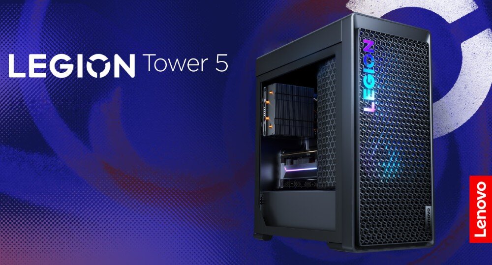 Komputer LENOVO Legion T5 26IRX9 Komputer w czarnej obudowie, widoczny z boku i od frontu. Przedni panel ma siatkowaną strukturę oraz podświetlony napis „LEGION”. Bok obudowy jest przeszklony