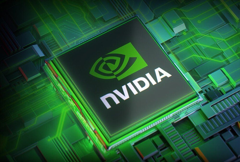 Komputer LENOVO Legion T5 26IRX9 Grafika przedstawiająca chip graficzny firmy NVIDIA. Układ jest oznaczony logotypem NVIDIA i umieszczony na tle zielonych ścieżek elektronicznych, karta graficzna, obraz, technologie