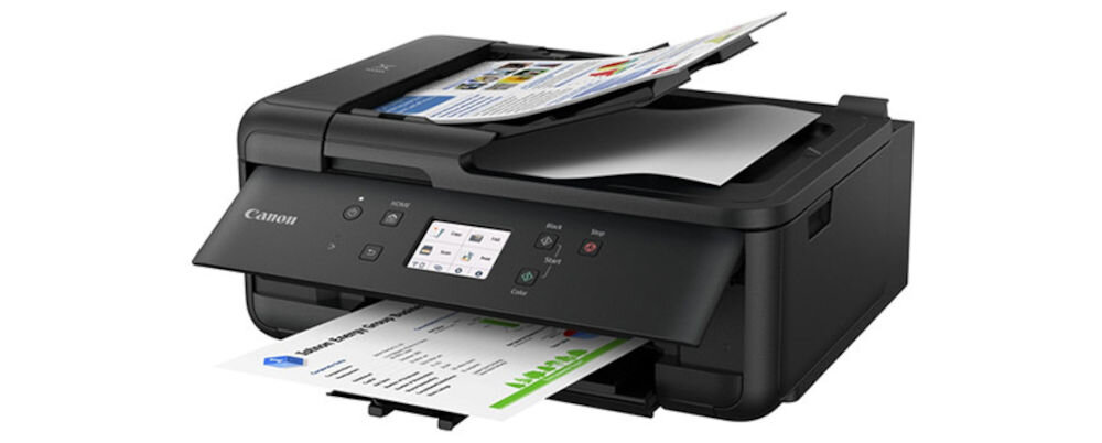 Urządzenie wielofunkcyjne CANON Pixma TR7650 Druk w kolorze, Automatyczny druk dwustronny, Wi-Fi  prezentacja urządzenia na białym tle pod kątem druk dwustronny duplex obniżenie kosztów redukcja zużycia papieru
