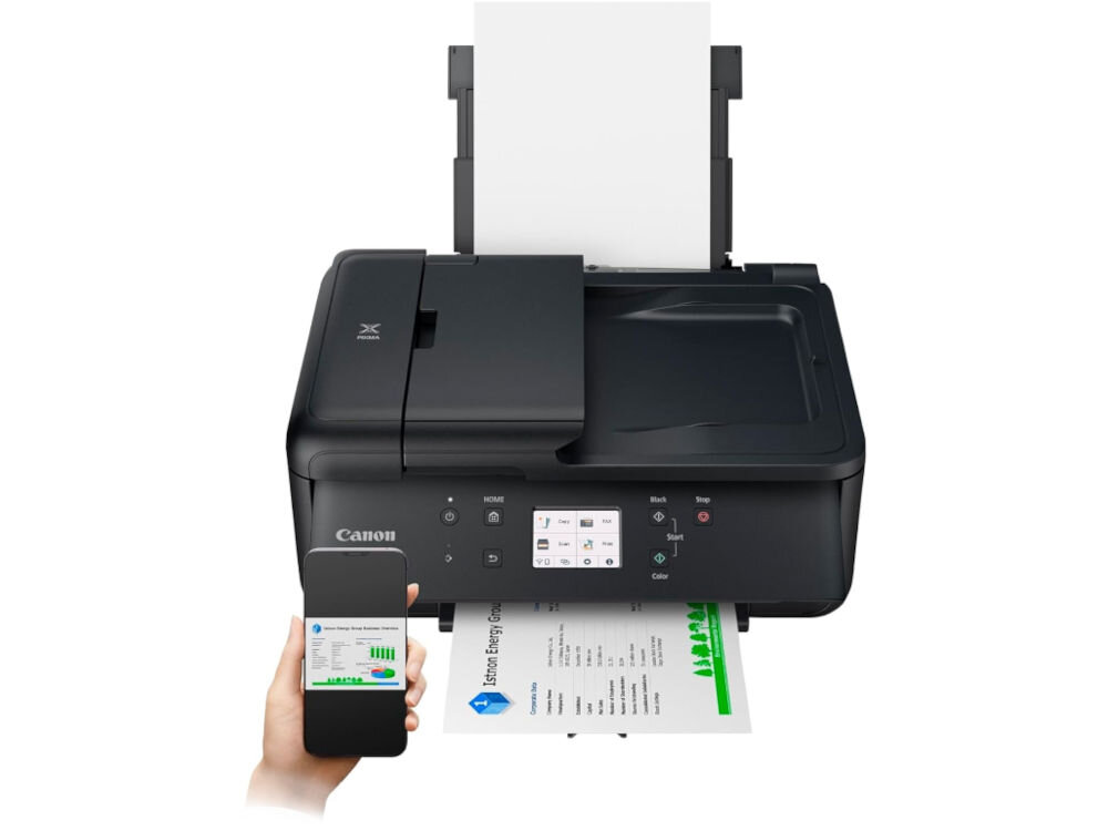 Urządzenie wielofunkcyjne CANON Pixma TR7650 Druk w kolorze, Automatyczny druk dwustronny, Wi-Fi  prezentacja urządzenia od przodu na białym tle ręka trzymająca telefon kolorowy skaner czujnik CIS rozdzielczość archiwizacja dokumentów