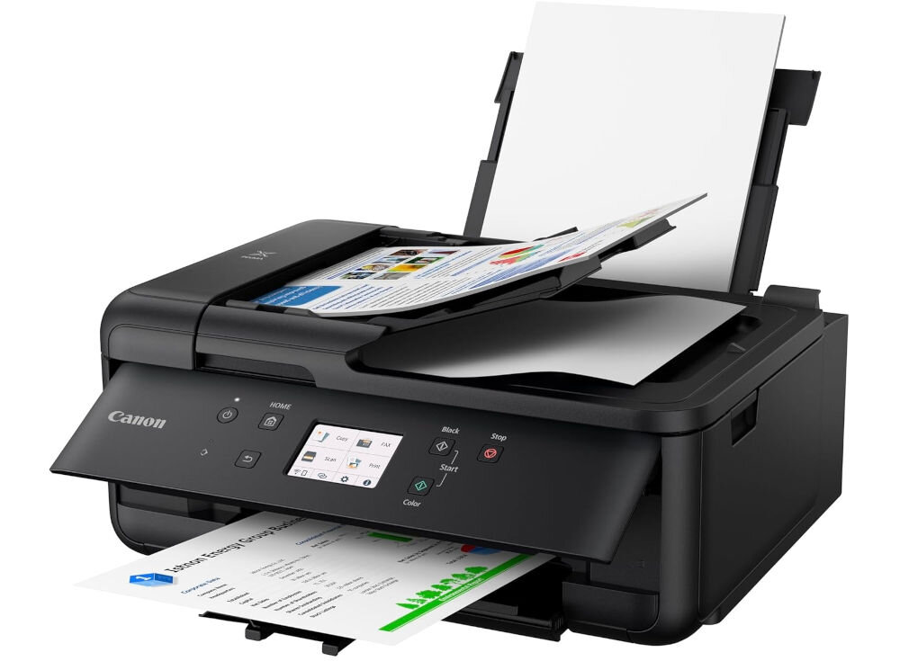 Urządzenie wielofunkcyjne CANON Pixma TR7650 Druk w kolorze, Automatyczny druk dwustronny, Wi-Fi  prezentacja urządzenia na białym tle pod kątem prędkość funkcje zmiana rozmiaru zakres automatyczne dopasowanie do strony szeroki wachlarz ustawień