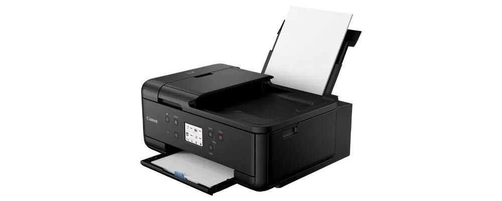 Urządzenie wielofunkcyjne CANON Pixma TR7650 Druk w kolorze, Automatyczny druk dwustronny, Wi-Fi  prezentacja urządzenia na białym tle pod kątem kolorowy faks standard szybkość czas przesyłania pamięć urządzenia szybkie wybieranie rozdzielczość ułatwienie codziennej komunikacji