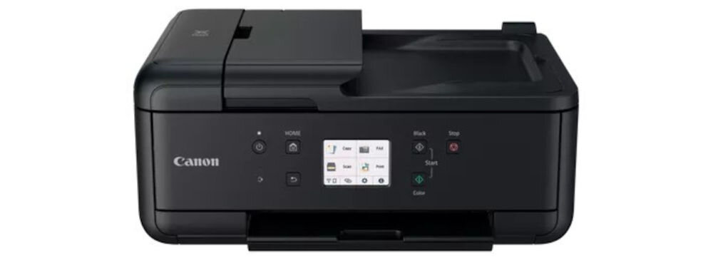 Urządzenie wielofunkcyjne CANON Pixma TR7650 Druk w kolorze, Automatyczny druk dwustronny, Wi-Fi  prezentacja urządzenia od przodu na białym tle przeznaczenie cechy 4w1 organizacja przestrzeni