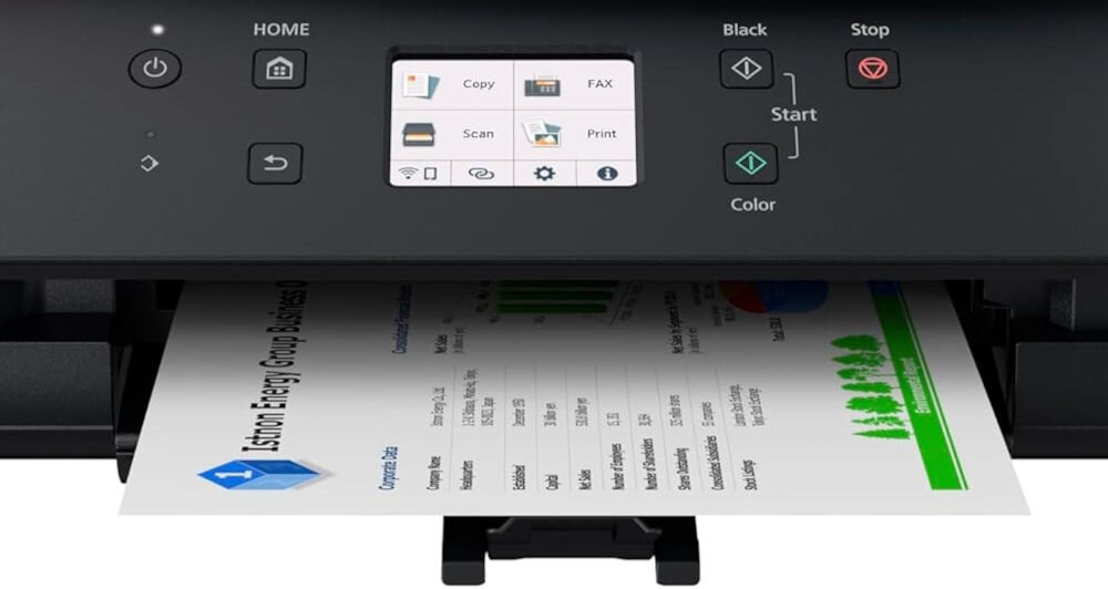 Urządzenie wielofunkcyjne CANON Pixma TR7650 Druk w kolorze, Automatyczny druk dwustronny, Wi-Fi  zbliżenie na dolną część jakość druku, rozdzielczość, wyraźne wydruki dokumentów pisma biurowe