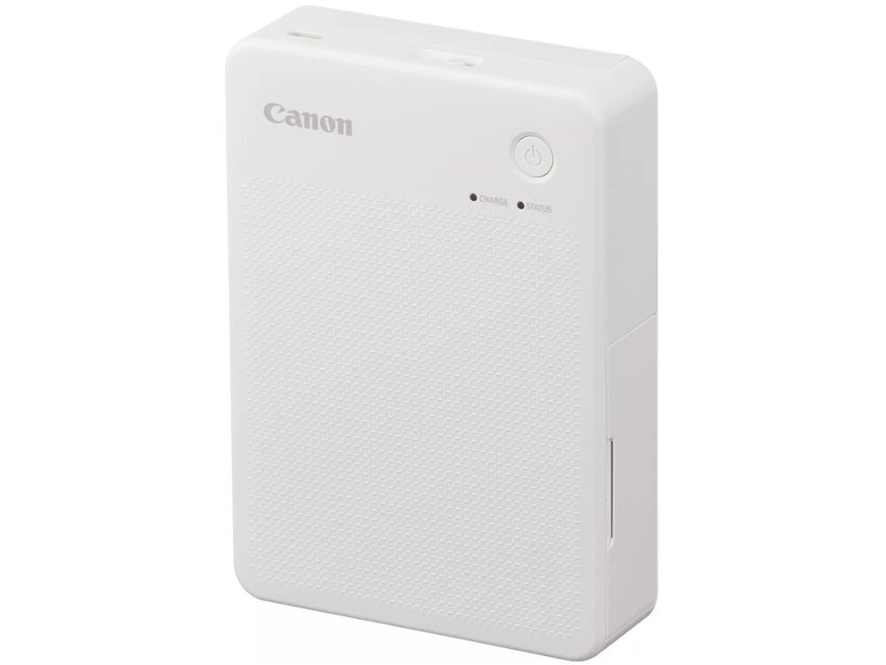 Drukarka CANON Selphy Square QX20 Druk w kolorze, Wi-Fi Biały urządzenie na białym tle od przodu pod kątem bezpłatna aplikacja SELPHY Photo Layout narzędzia do edycji przejrzysty interfejs personalizacja
