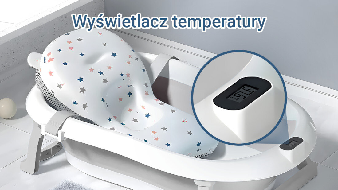 Wanienka EXTRALINK EX.20994 dla dzieci z termometrem LED Szara Stała kontrola temperatury Wbudowany termometr bieżące monitorowanie temperatury wody kąpiel warunku Zmieniający kolor korek ostrzeżenie