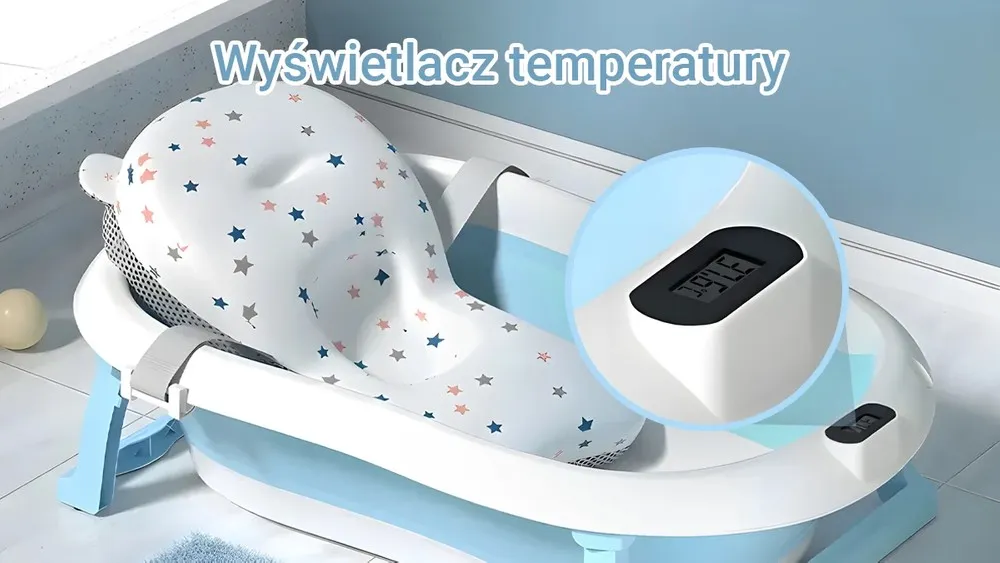 Wanienka EXTRALINK EX.20994 dla dzieci z termometrem LED Niebieska Stała kontrola temperatury Wbudowany termometr bieżące monitorowanie temperatury wody kąpiel warunku Zmieniający kolor korek  ostrzeżenie