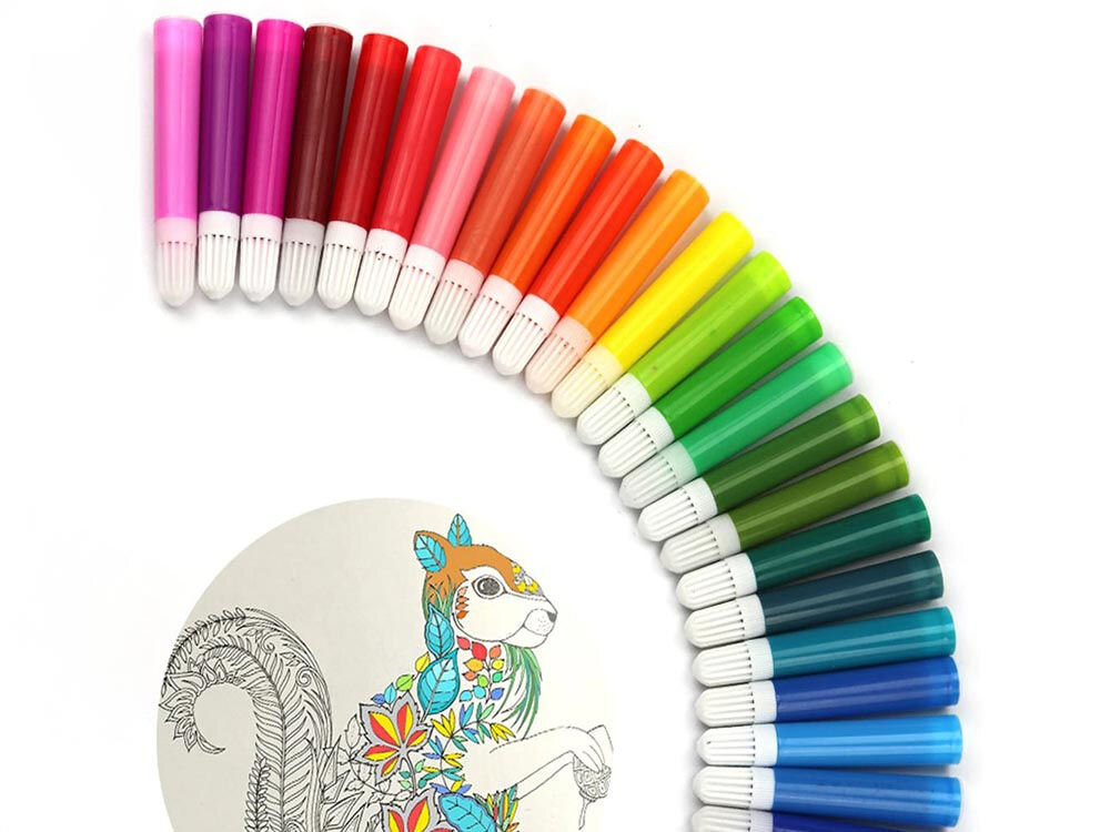 Zestaw kreatywny EXTRALINK Duża walizka EX.20154 (145 elementów) flamastry ułożone w 1/4 okręgu w środku częściowo pokolorowany rysunek wiewiórki białe tło inwestycja w kreatywność piękny i użyteczny upominek