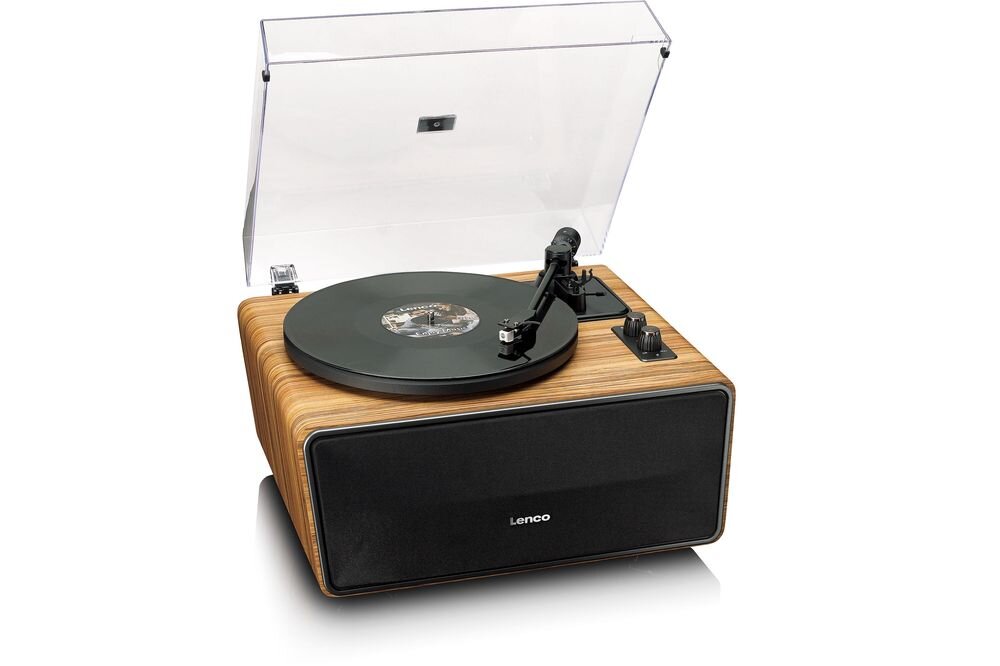 Gramofon LENCO LS-570OK osłona przeciwpyłowa niski pobór mocy tryb czuwania, gramofon po skosie na białym tle