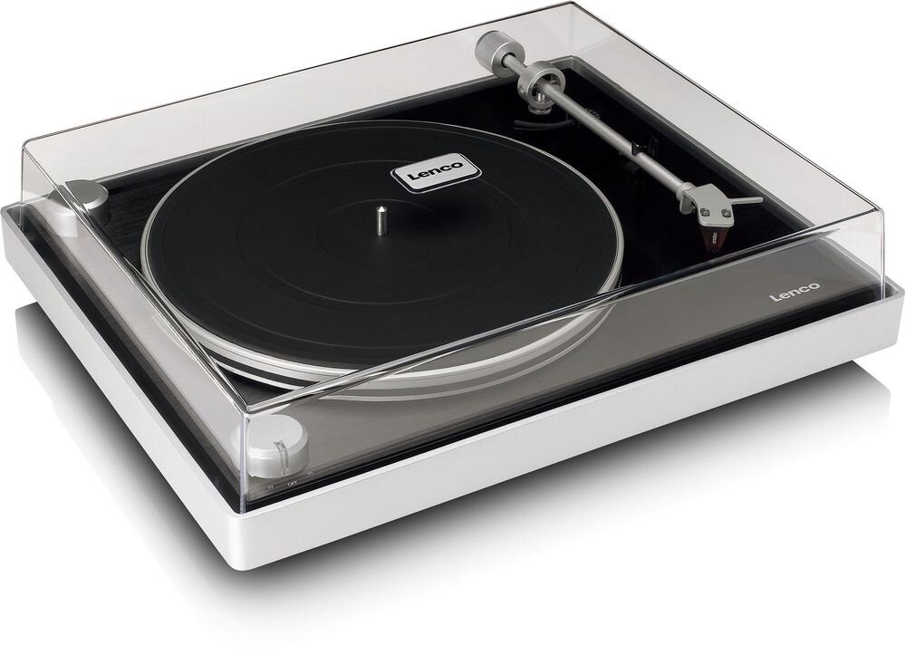 Gramofon LENCO L-455BK start-stop kontrola uruchamiania talerza, gramofon po skosie na białym tle