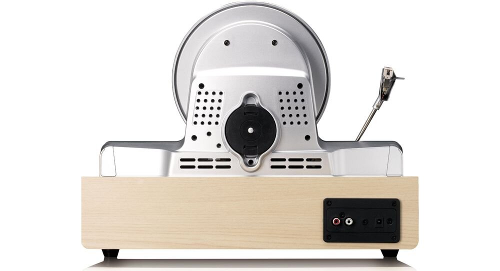 Gramofon LENCO LSA-071SI drewniana obudowa osłona przeciwpyłowa styl vintage, gramofon od tyłu na białym tle