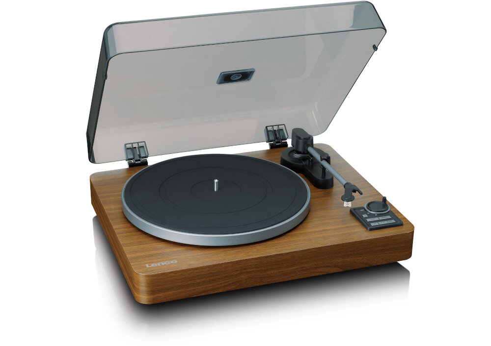 Gramofon LENCO LBTA-165BK - Efektywne zużycie energii, gramofon od frontu na białym tle