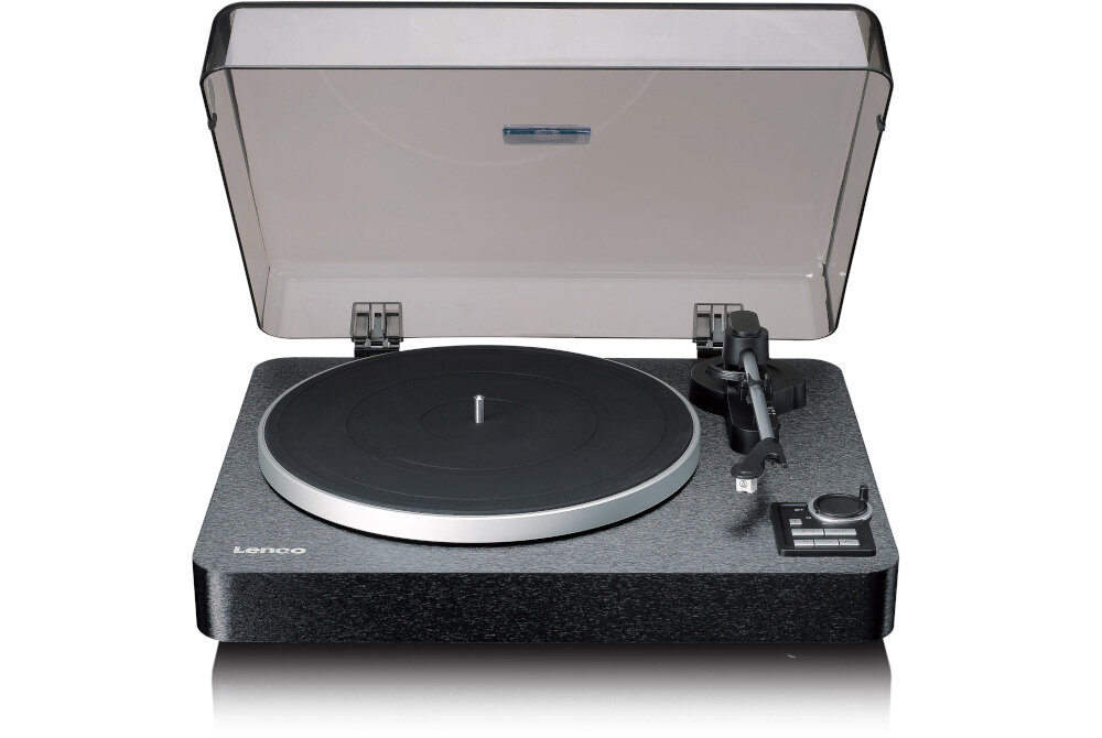 Gramofon LENCO LBTA-165BK - Dobre prowadzenie ramienia, gramofon od frontu na białym tle