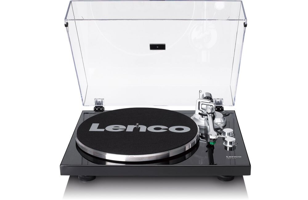 Gramofon LENCO LBT215BK przedwzmacniacz ON OFF RCA USB uziemienie, gramofon od frontu na białym tle