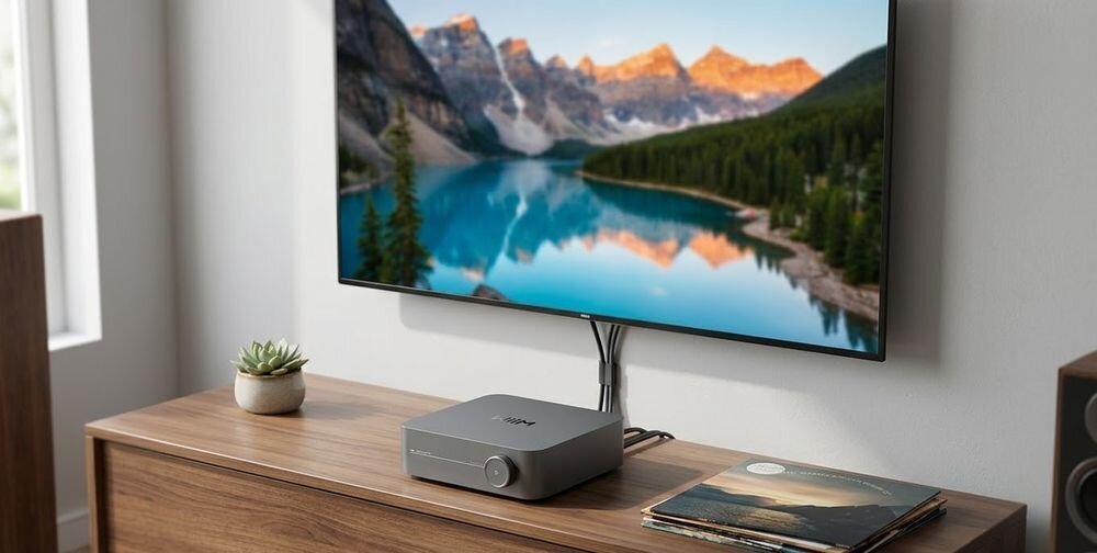 Wzmacniacz zintegrowany WiiM Amp Pro kompaktowa aluminiowa obudowa 60W 120W radiator, urządzenie stojące na szafce pod wiszącym telewizorem