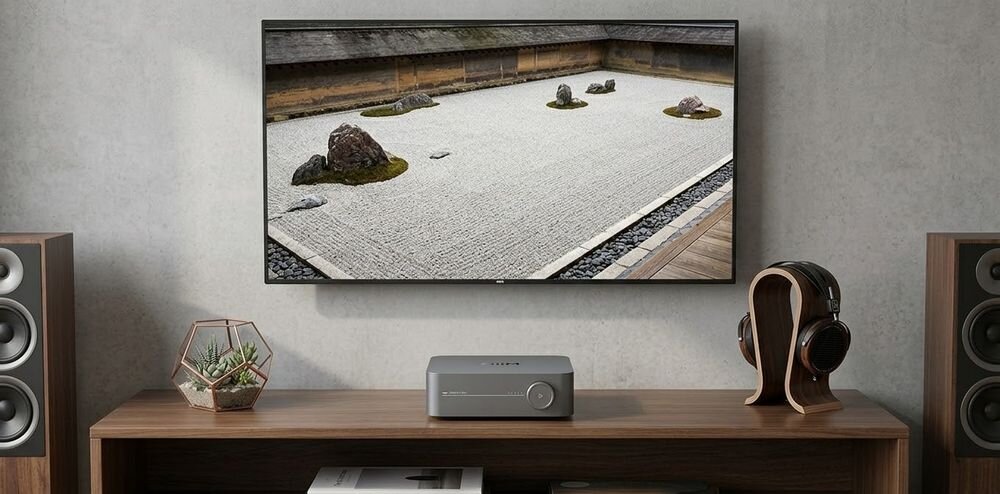 Wzmacniacz zintegrowany WiiM Amp Pro strumieniowanie aplikacja sterowanie głosowe Bluetooth, urządzenie stojące na szafce pod wiszącym telewizorem