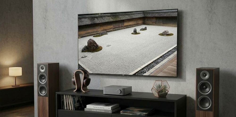 Wzmacniacz zintegrowany WiiM Amp Pro USB serwer multimediów przesyłanie w domu, urządzenie stojące na szafce pod wiszącym telewizorem