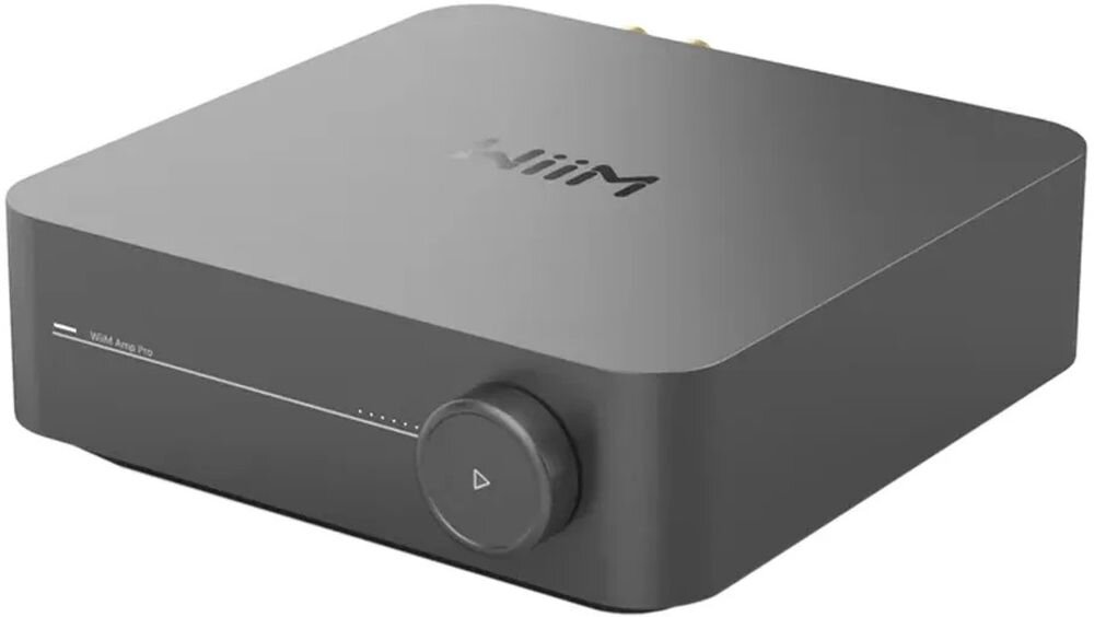 Wzmacniacz zintegrowany WiiM Amp Pro korektor EQ profil źródła dźwięku, urządzenie po skosie na białym tle