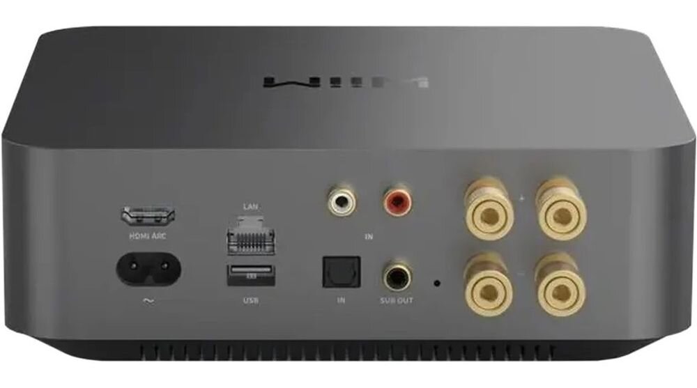 Wzmacniacz zintegrowany WiiM Amp Pro THD+N HDMI ARC subwoofer kino domowe, urządzenie od tyłu na białym tle