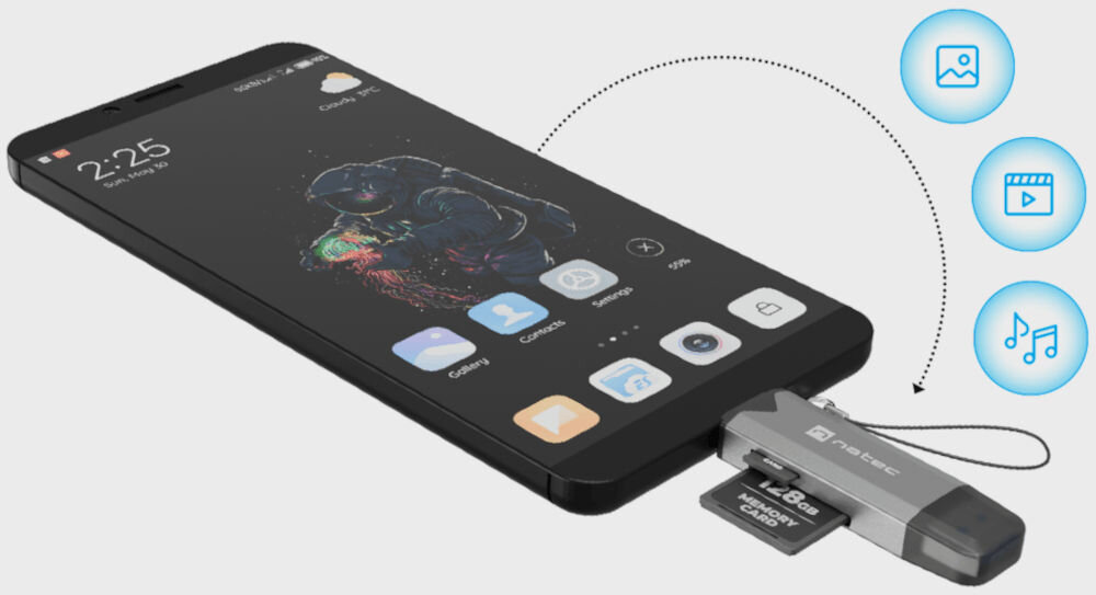 Czytnik kart pamięci NATEC Scarab 3 USB-A/USB-C/SD/MICRO SD/USB Szary
wygodne zarządzanie danymi, złącza USB-A, USB-C, przepustowość 5 Gb/s, obsługa funkcji OTG,
białe tło, produkt podłączony do smartfona, karty SD oraz microSD wsunięte do urządzenia
