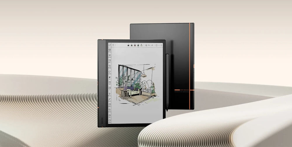 Czytnik e-booków ONYX BOOX Note Air 4 C 10.3 cala, Podświetlany ekran, Wi-Fi, Bez reklam Czarny prezentacja urządzenia od przodu i tyłu z rysikiem beżowe tło ze strukturą w dolnej części