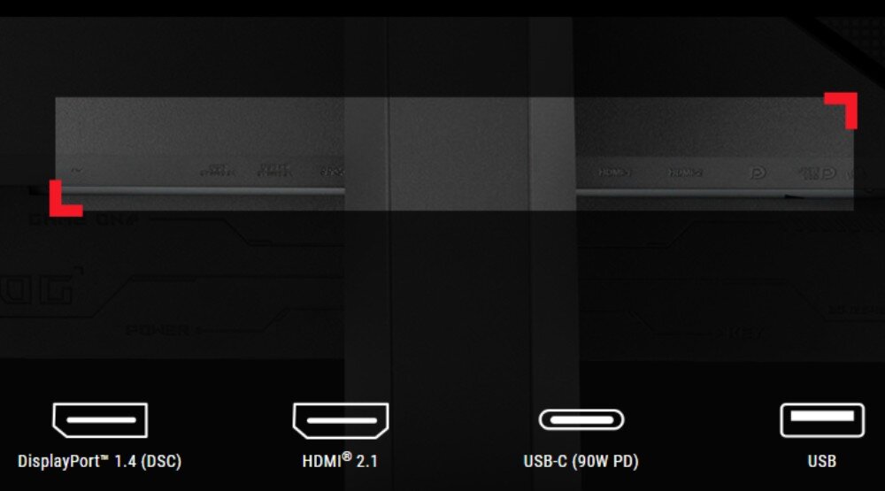Monitor ASUS ROG Strix XG27ACDNG Zbliżenie na panel portów monitora z widocznymi oznaczeniami DisplayPort 1.4, dwa porty HDMI 2.1, port USB-C z zasilaniem 90W oraz port USB, z ikonami i podpisami umieszczonymi poniżej, porty, podłączenie, gniazda