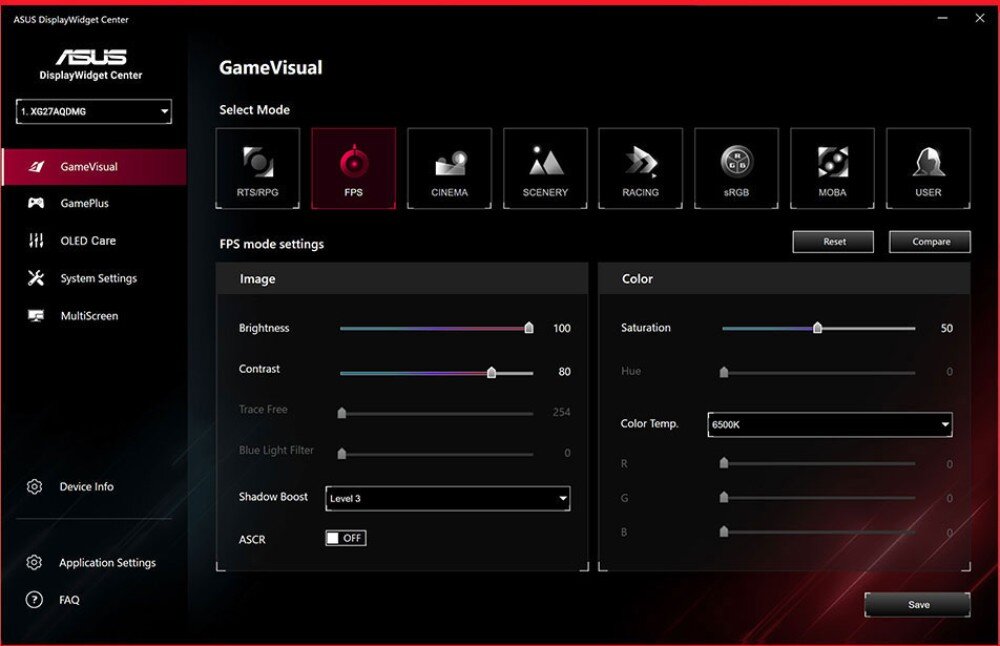 Monitor ASUS ROG Strix XG27ACDNG Zrzut ekranu z oprogramowania sterującego monitorem pokazujący zakładkę GameVisual z wyborem trybów wyświetlania, takich jak RTS/RPG, FPS, Cinema i inne; po prawej ustawienia obrazu i koloru z suwakami jasności, kontrastu, temperatury barwowej i nasycenia, oprogramowanie, narzędzia