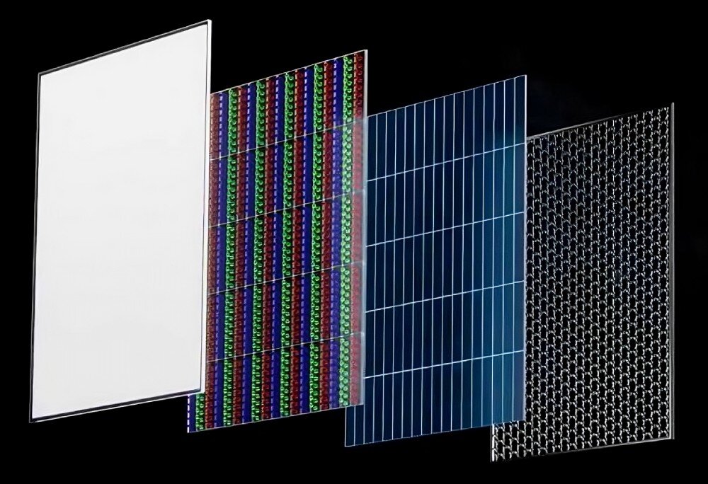 Monitor ASUS ROG Strix XG27ACDNG Przekrój warstwowy ekranu pokazujący strukturę panelu z oddzielnymi warstwami szkła, pikseli RGB, siatki i elementu przypominającego układ tranzystorów, rozdzielczość, panel QD-OLED, kolory