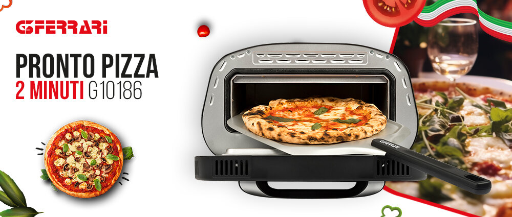 Piec do pizzy G3FERRARI Pronto Pizza G10186 1700W średnica 32 cm Czarny domowa pizza białe tło piec do pizzy otwarty pizza na łopacie wkładana do środka