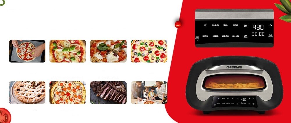 Piec do pizzy G3FERRARI Pronto Pizza G10186 1700W średnica 32 cm Czarny biało czerwone tło czarny piec do pizzy wyświetlacz przyciski obrazki różnych pizz włoska kuchnia autentyczne doznania kulinarne dwie niezależne grzałki górna dolna obie 850 W imponująca temperatura 430 stopni wbudowany naturalny kamień ogniotrwały chrupiące miękkie i soczyste ciasto prawdziwa pizza bez wychodzenia z domu moc 1700 W średnica 32 cm