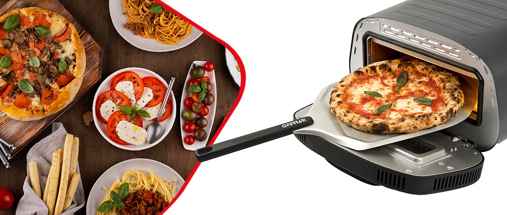 Piec do pizzy G3FERRARI Pronto Pizza G10186 1700W średnica 32 cm Czarny różne dania na talerzach czarny piec do pizzy pizza wkładana na łopacie do pieca białe tło prawdziwy smak Włoch w zaledwie kilka chwil wysokie temperatury precyzyjne ustawienia pizza złocista focaccia delikatne bułeczki maślane ziemniaczane zapiekanki francuskie quiche wszechstronność uwolnienie kreatywności codzienne odkrywanie kulinarnych horyzontów
