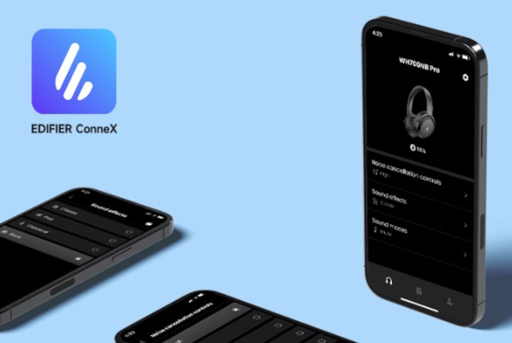 Słuchawki EDIFIER WH700NB Pro ANC z aplikacją EDIFIER ConneX i funkcją personalizacji EQ, smartfony na niebieskim tle